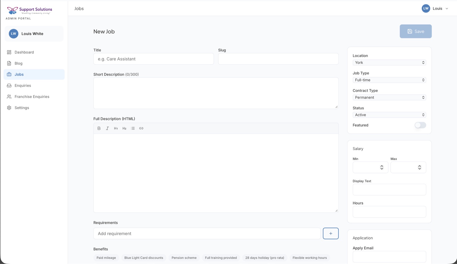 Job posting editor with title, descriptions, salary, location, contract type and application email fields